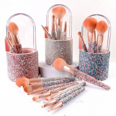 2021soft Vegan Custom Logo 8 Pieces Luxury Professional Bling Holographic Crystal Diamond Rhinestone Glitter Makeup Brush Set